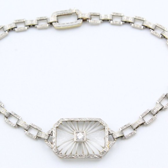 Antique Art Deco Platinum Diamond 14K Gold Frosted Rock Quartz Crystal Bracelet - Picture 1 of 16